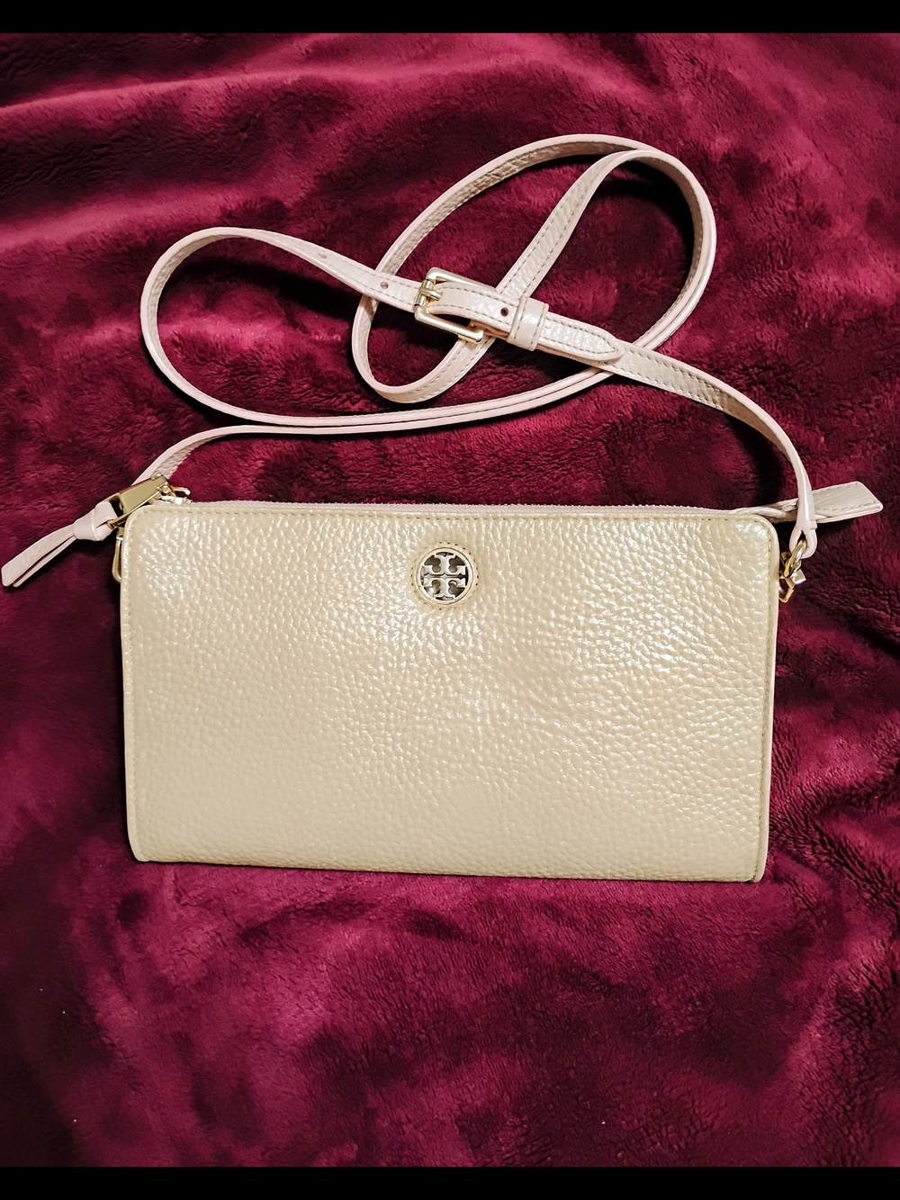 Tory Burch Creamy Beige & Blush Pebbled Leather Crossbody Bag